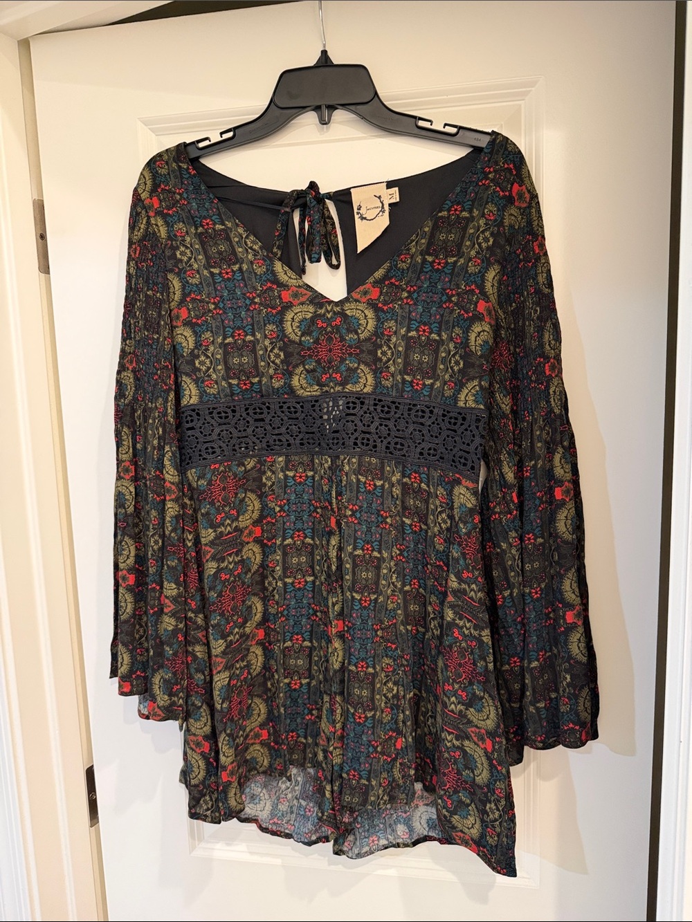 Boho Romper with Lace Waist - Black/Multi